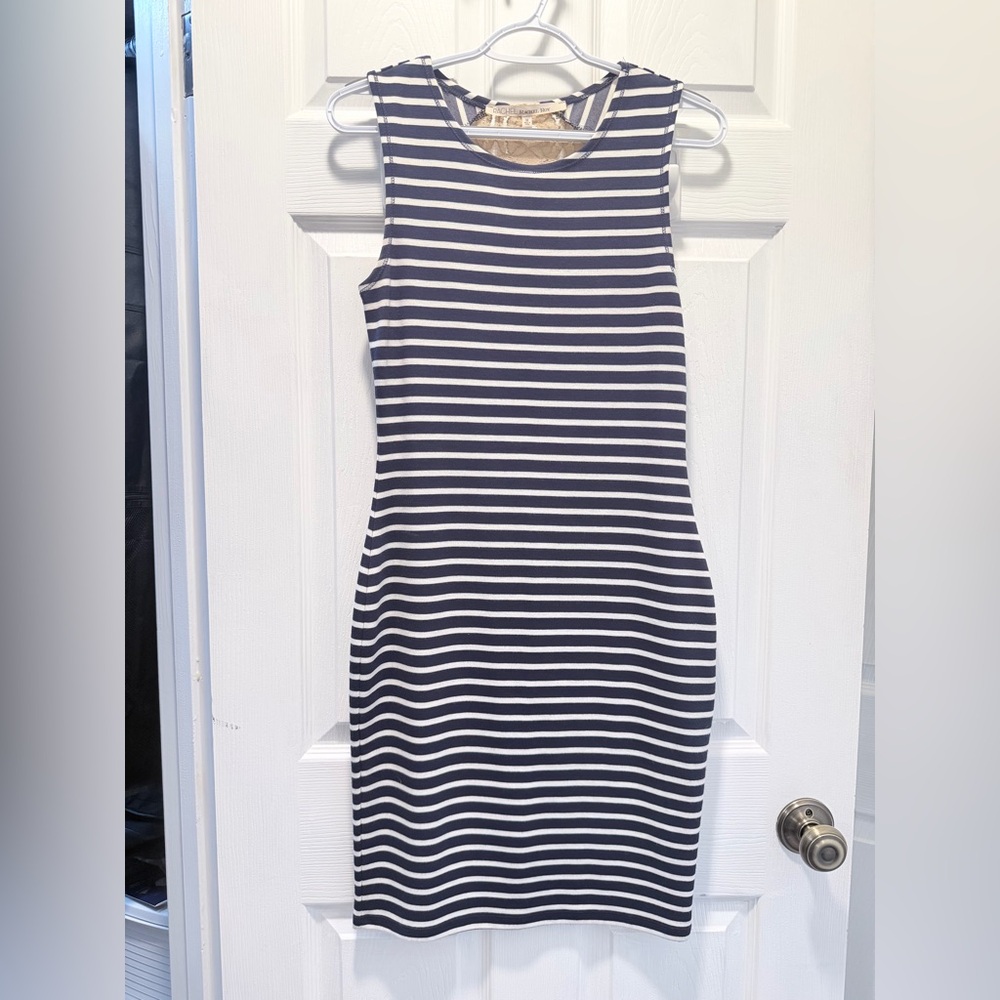 RACHEL Rachel Roy Navy and White Striped Midi Dress